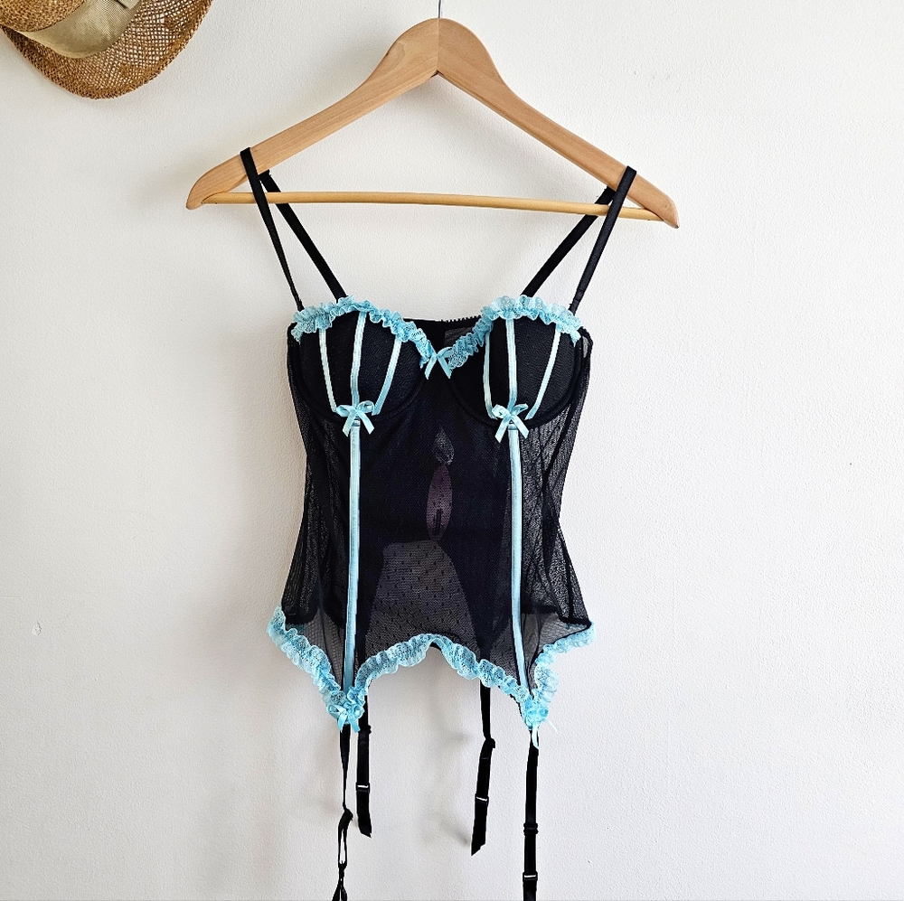 VTG Necessary Objects Y2K Women's Black Blue Sexy Corset Top Bustier Size 34B
